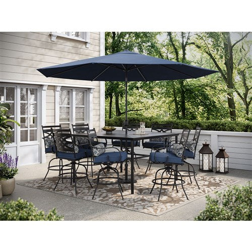 Hanover - Montclair 9pc High Dining: 8 Swivel Chairs, 60" High Table, Umbrella & Base - Navy/Brown-United Backyard