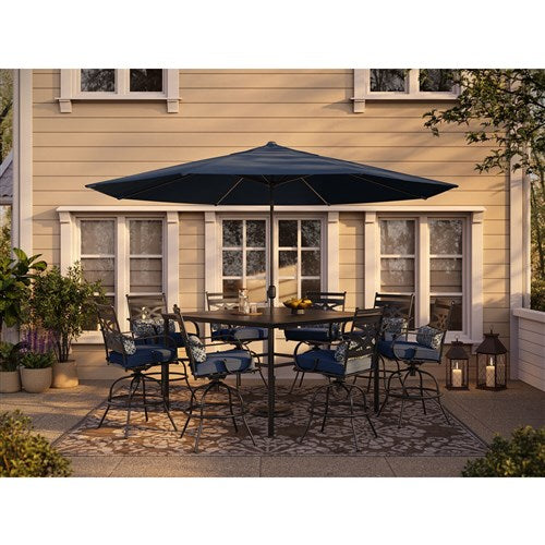 Hanover - Montclair 9pc High Dining: 8 Swivel Chairs, 60" High Table, Umbrella & Base - Navy/Brown-United Backyard