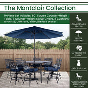 Hanover - Montclair 9pc High Dining: 8 Swivel Chairs, 60" High Table, Umbrella & Base - Navy/Brown-United Backyard