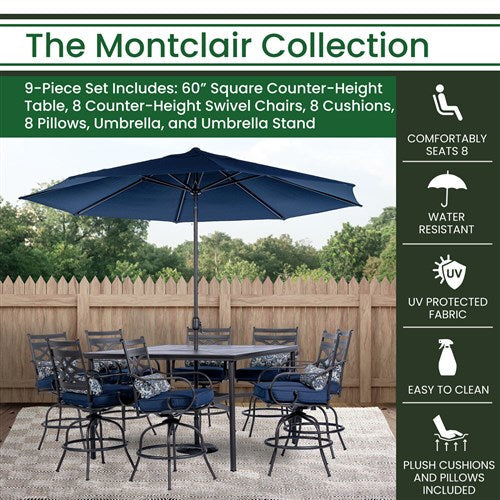 Hanover - Montclair 9pc High Dining: 8 Swivel Chairs, 60" High Table, Umbrella & Base - Navy/Brown-United Backyard