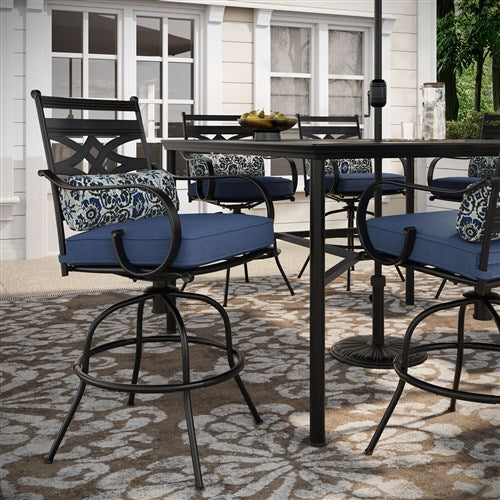 Hanover - Montclair 9pc High Dining: 8 Swivel Chairs, 60" High Table, Umbrella & Base - Navy/Brown-United Backyard