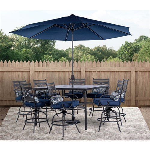 Hanover - Montclair 9pc High Dining: 8 Swivel Chairs, 60" High Table, Umbrella & Base - Navy/Brown-United Backyard