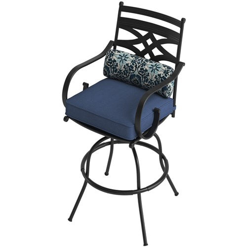 Hanover - Montclair 9pc High Dining: 8 Swivel Chairs, 60" High Table, Umbrella & Base - Navy/Brown-United Backyard