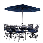 Hanover - Montclair 9pc High Dining: 8 Swivel Chairs, 60" High Table, Umbrella & Base - Navy/Brown-United Backyard