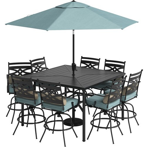 Hanover - Montclair 9pc High Dining: 8 Swivel Chairs, 60" High Table, Umbrella & Base - Ocean Blue/Brown-United Backyard