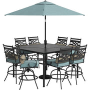 Hanover - Montclair 9pc High Dining: 8 Swivel Chairs, 60" High Table, Umbrella & Base - Ocean Blue/Brown-United Backyard