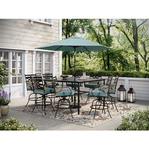 Hanover - Montclair 9pc High Dining: 8 Swivel Chairs, 60" High Table, Umbrella & Base - Ocean Blue/Brown-United Backyard