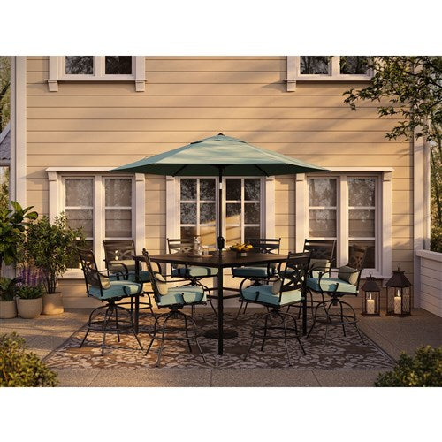 Hanover - Montclair 9pc High Dining: 8 Swivel Chairs, 60" High Table, Umbrella & Base - Ocean Blue/Brown-United Backyard