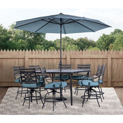 Hanover - Montclair 9pc High Dining: 8 Swivel Chairs, 60" High Table, Umbrella & Base - Ocean Blue/Brown-United Backyard