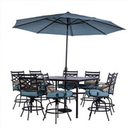 Hanover - Montclair 9pc High Dining: 8 Swivel Chairs, 60" High Table, Umbrella & Base - Ocean Blue/Brown-United Backyard