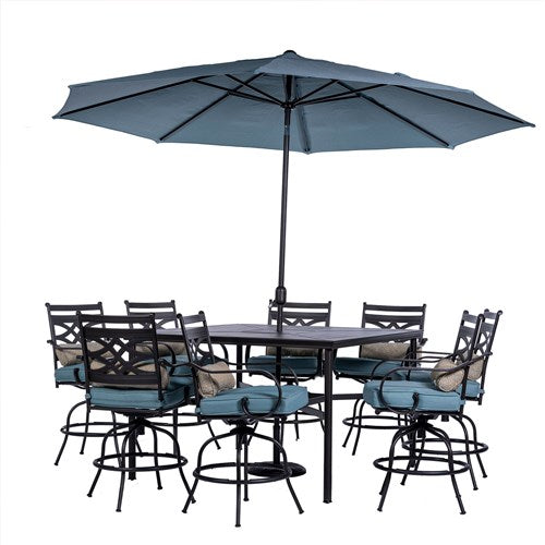 Hanover - Montclair 9pc High Dining: 8 Swivel Chairs, 60" High Table, Umbrella & Base - Ocean Blue/Brown-United Backyard