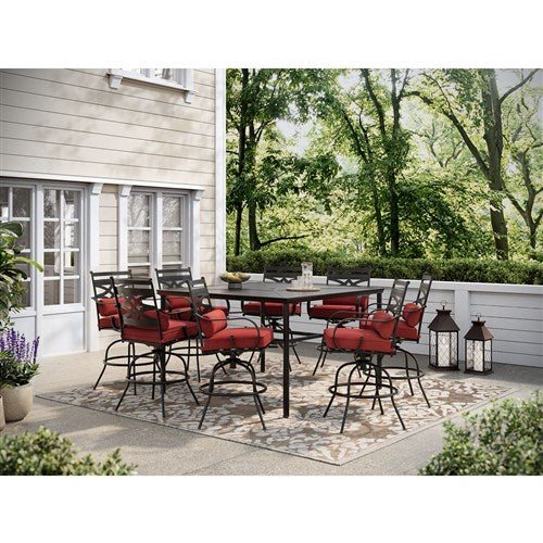 Hanover - Montclair 9pc High Dining: 8 Swivel Chairs, 60" Square High Table - Chili Red/Brown-United Backyard