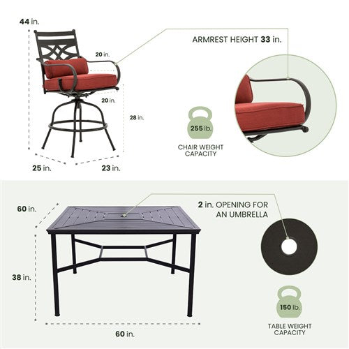 Hanover - Montclair 9pc High Dining: 8 Swivel Chairs, 60" Square High Table - Chili Red/Brown-United Backyard