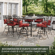 Hanover - Montclair 9pc High Dining: 8 Swivel Chairs, 60" Square High Table - Chili Red/Brown-United Backyard