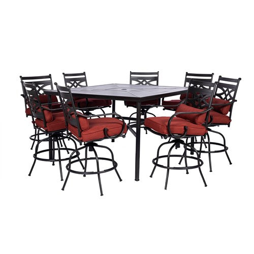 Hanover - Montclair 9pc High Dining: 8 Swivel Chairs, 60" Square High Table - Chili Red/Brown-United Backyard