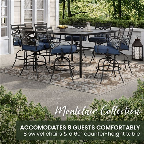 Hanover - Montclair 9pc High Dining: 8 Swivel Chairs, 60" Square High Table - Navy/Brown-United Backyard