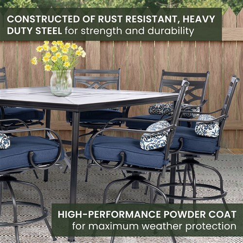 Hanover - Montclair 9pc High Dining: 8 Swivel Chairs, 60" Square High Table - Navy/Brown-United Backyard