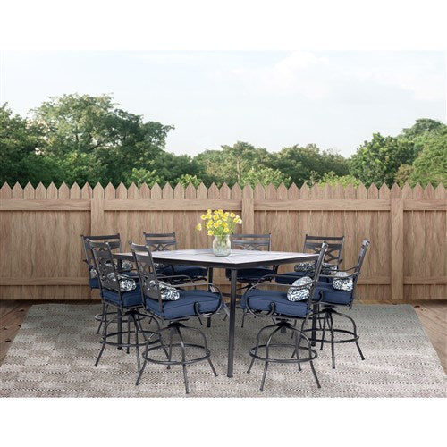 Hanover - Montclair 9pc High Dining: 8 Swivel Chairs, 60" Square High Table - Navy/Brown-United Backyard