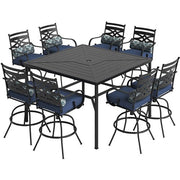 Hanover - Montclair 9pc High Dining: 8 Swivel Chairs, 60" Square High Table - Navy/Brown-United Backyard