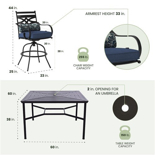 Hanover - Montclair 9pc High Dining: 8 Swivel Chairs, 60" Square High Table - Navy/Brown-United Backyard