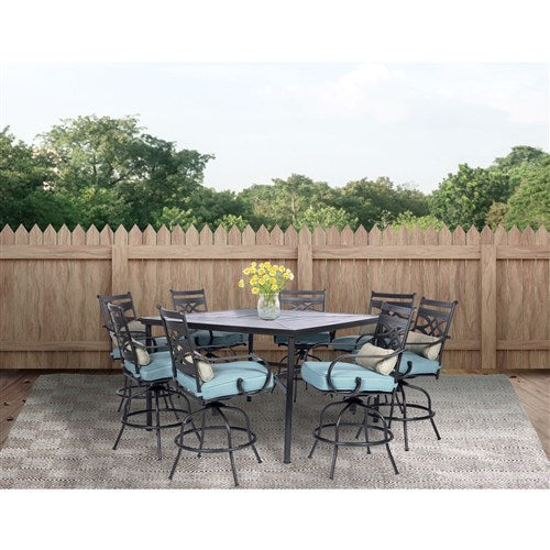 Hanover - Montclair 9pc High Dining: 8 Swivel Chairs, 60" Square High Table - Ocean Blue/Brown-United Backyard