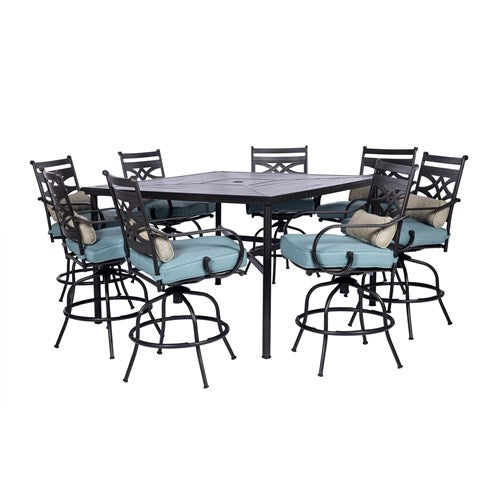 Hanover - Montclair 9pc High Dining: 8 Swivel Chairs, 60" Square High Table - Ocean Blue/Brown-United Backyard