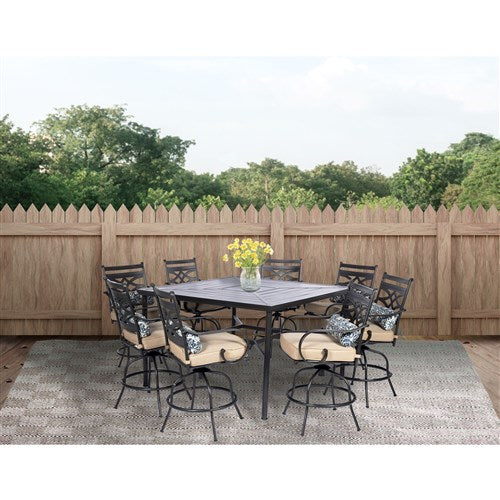 Hanover - Montclair 9pc High Dining: 8 Swivel Chairs, 60" Square High Table - Tan/Brown-United Backyard