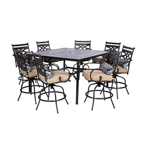 Hanover - Montclair 9pc High Dining: 8 Swivel Chairs, 60" Square High Table - Tan/Brown-United Backyard