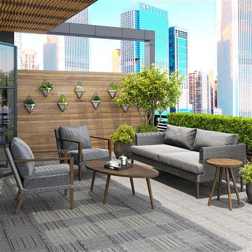 Hanover - Monterey 5pc Seating Set: 2 Arm Chairs, Sofa, Coffee Table, Side Table - Grey/Brown-United Backyard