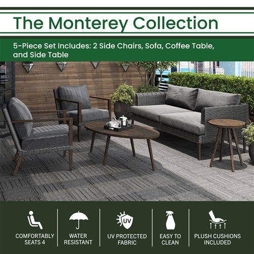 Hanover - Monterey 5pc Seating Set: 2 Arm Chairs, Sofa, Coffee Table, Side Table - Grey/Brown-United Backyard