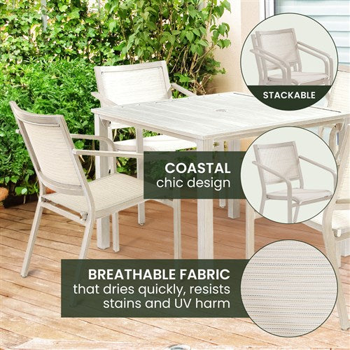 Hanover - Morrison 5pc Dining: 4 Sling Chairs and 38" Square Slat Table - White/Multi-United Backyard