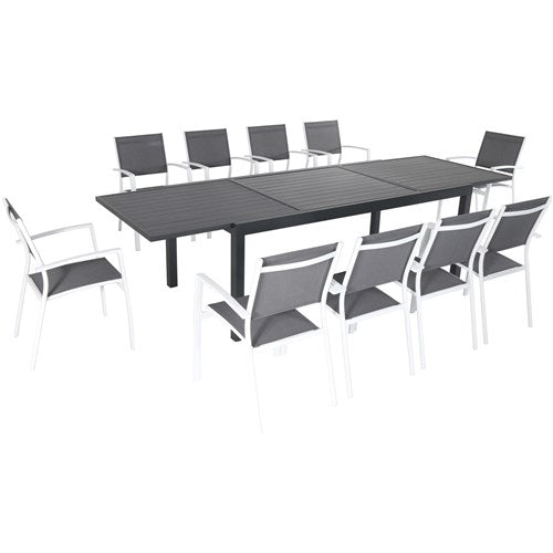 Hanover - Naples 11pc: 10 Aluminum Sling Chairs, Aluminum Extension Table - White/Gray-United Backyard