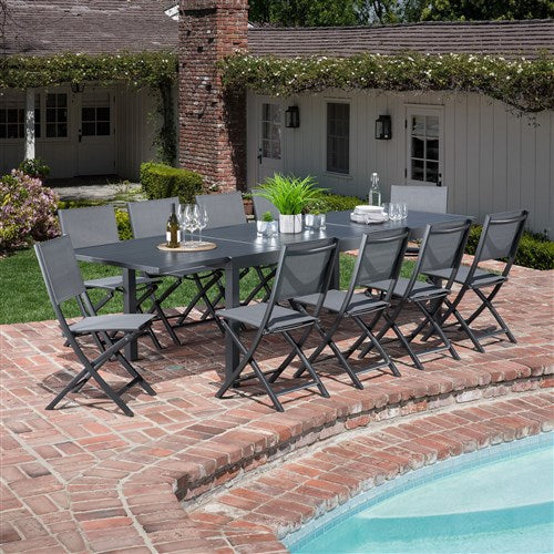 Hanover - Naples 11pc: 10 Aluminum Sling Folding Chairs, Aluminum Extension Table - Gray/Gray-United Backyard