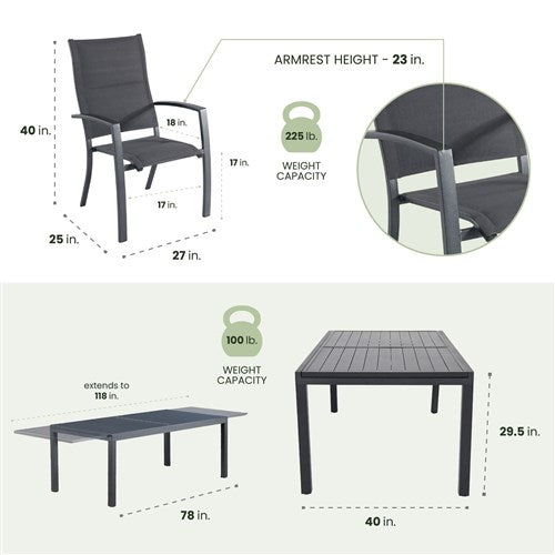 Hanover - Naples 11pc: 10 High Back Padded Sling Chairs, Aluminum Extension Table - Gray/Gray-United Backyard