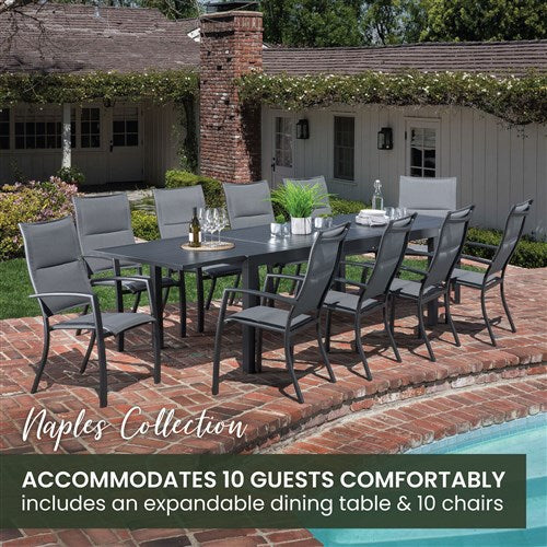 Hanover - Naples 11pc: 10 High Back Padded Sling Chairs, Aluminum Extension Table - Gray/Gray-United Backyard