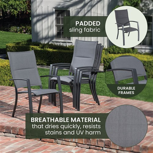 Hanover - Naples 11pc: 10 High Back Padded Sling Chairs, Aluminum Extension Table - Gray/Gray-United Backyard