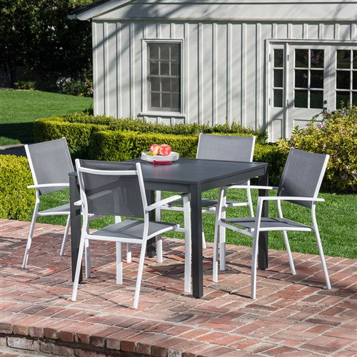 Hanover - Naples 5pc: 4 Aluminum Sling Back Chairs, 38" Square Slat Top Table - White/Gray-United Backyard