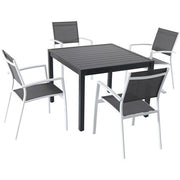 Hanover - Naples 5pc: 4 Aluminum Sling Back Chairs, 38" Square Slat Top Table - White/Gray-United Backyard