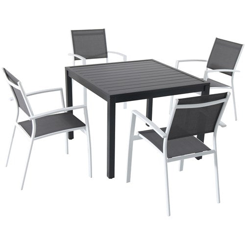 Hanover - Naples 5pc: 4 Aluminum Sling Back Chairs, 38" Square Slat Top Table - White/Gray-United Backyard