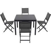 Hanover - Naples 5pc: 4 Aluminum Sling Folding Chairs, 38" Square Slat Top Table - Gray/Gray-United Backyard