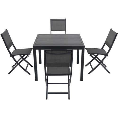 Hanover - Naples 5pc: 4 Aluminum Sling Folding Chairs, 38" Square Slat Top Table - Gray/Gray-United Backyard