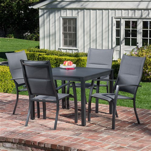 Hanover - Naples 5pc: 4 High Back Padded Sling Chairs, 38" Square Slat Top Table - Gray/Gray-United Backyard