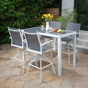 Hanover - Naples 5pc Bar Set: 4 Sling Bar Chairs and Glass Bar Table - White-United Backyard