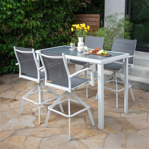 Hanover - Naples 5pc Bar Set: 4 Sling Bar Chairs and Glass Bar Table - White-United Backyard