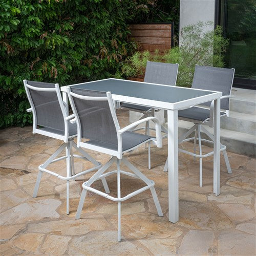 Hanover - Naples 5pc Bar Set: 4 Sling Bar Chairs and Glass Bar Table - White-United Backyard