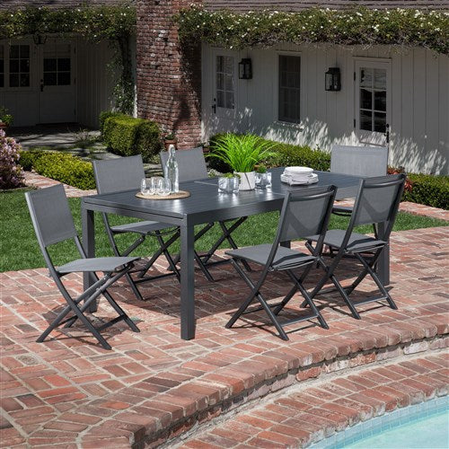 Hanover - Naples 7pc: 6 Aluminum Folding Sling Chairs, Aluminum Extension Table - Gray/Gray-United Backyard