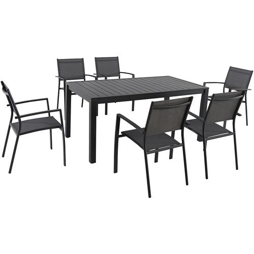 Hanover - Naples 7pc: 6 Aluminum Sling Chairs, 63x35" Aluminum Slat Table - Gray/Gray-United Backyard