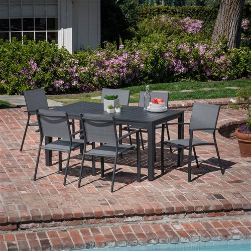 Hanover - Naples 7pc: 6 Aluminum Sling Chairs, 63x35" Aluminum Slat Table - Gray/Gray-United Backyard