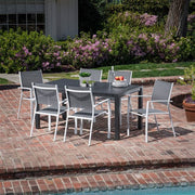 Hanover - Naples 7pc: 6 Aluminum Sling Chairs, 63x35" Aluminum Slat Table - White/Gray-United Backyard