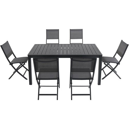 Hanover - Naples 7pc: 6 Aluminum Sling Folding Chairs, 63x35" Aluminum Slat Table - Gray/Gray-United Backyard